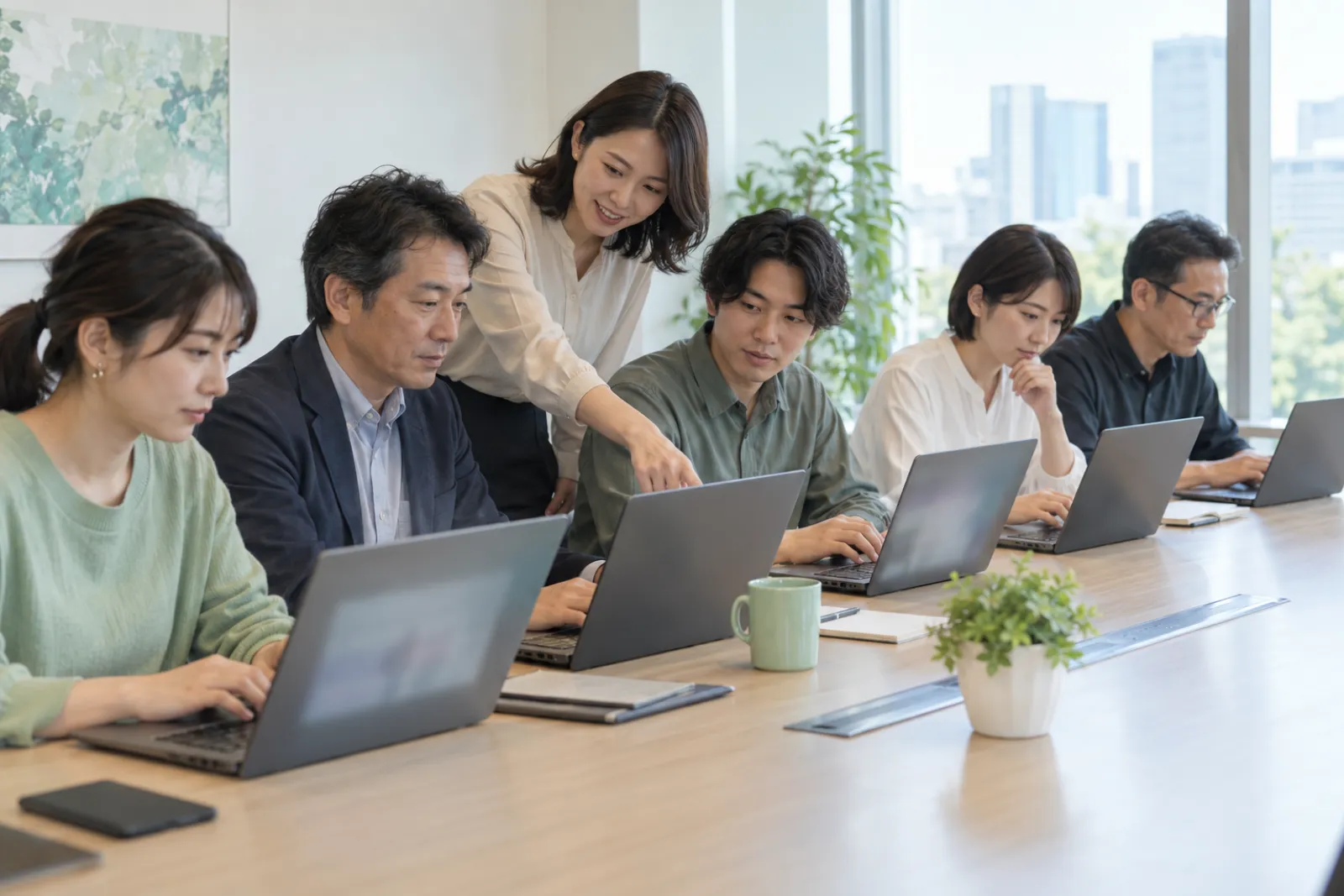 社員がPCを使ってAI活用の実習を受けている様子