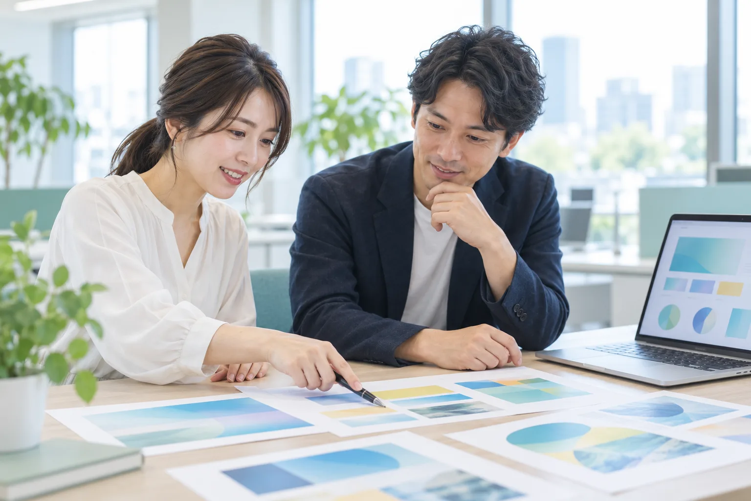 印刷したデザイン案をペンで指しながら、ノートPCを横に話し合う2人