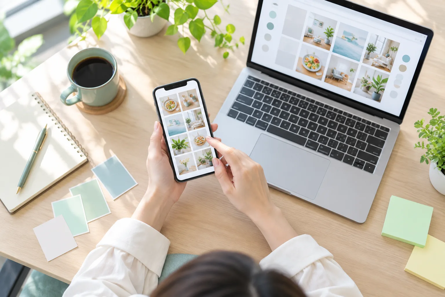 スマートフォンとノートPCで、投稿用の写真を一覧で確認する手元